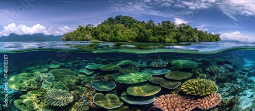 A view from below the waters surface showing a vibrant coral reef teeming with marine life, with a small island visible in the distance. The reef is filled with colorful corals, fish, and other