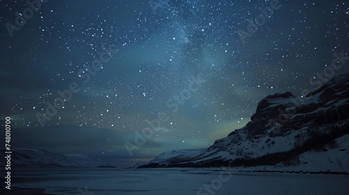 Clear winter night sky, millions of stars visible, silhouette of snow-covered mountains