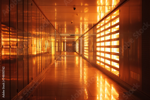 A hallway with a lot of lockers and lights on the wall
