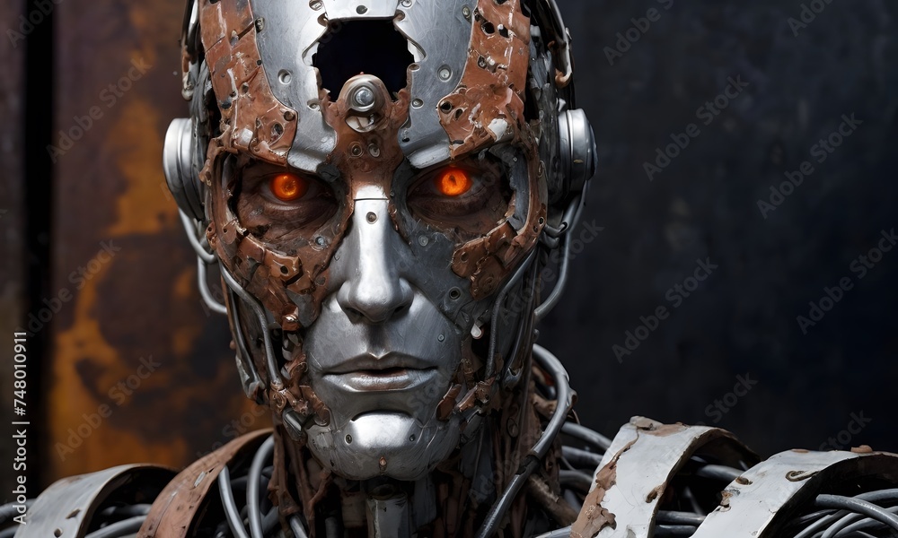 A close-up view of an android with a damaged face, showcasing piercing red eyes. The blend of metal and wires creates a stark contrast to its human-like appearance.