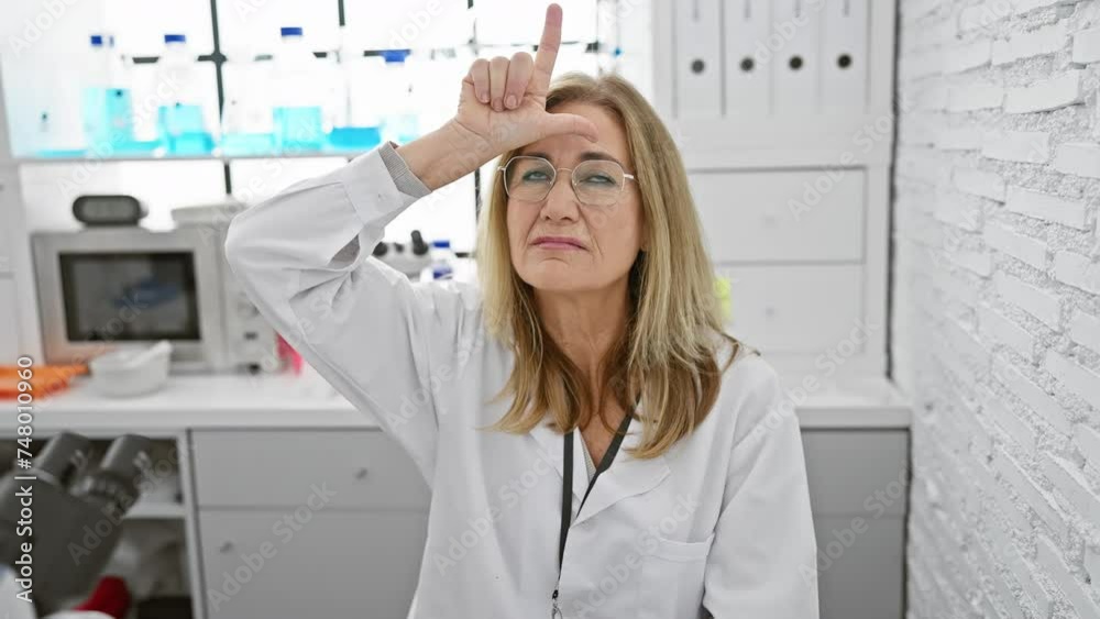 Cheeky middle-aged blonde woman scientist, sitting in the lab, makes fun of people with 'loser' forehead gesture, laughing, teasing, and insulting Cheeky middle-aged blonde woman scientist, sitting in the lab, makes fun of people with 'loser' forehead gesture, laughing, teasing, and insulting