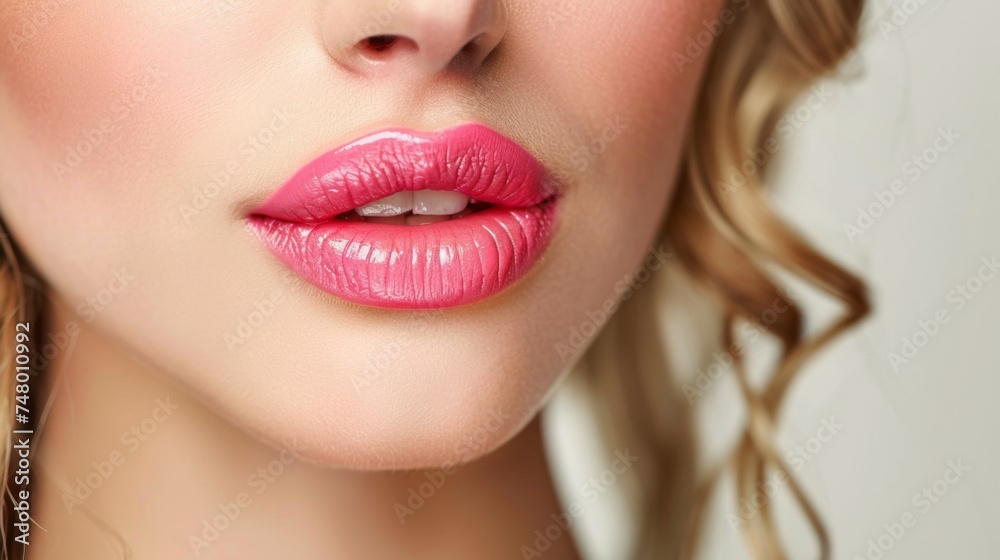 Close-up of beautiful lips with light pink lipstick	
