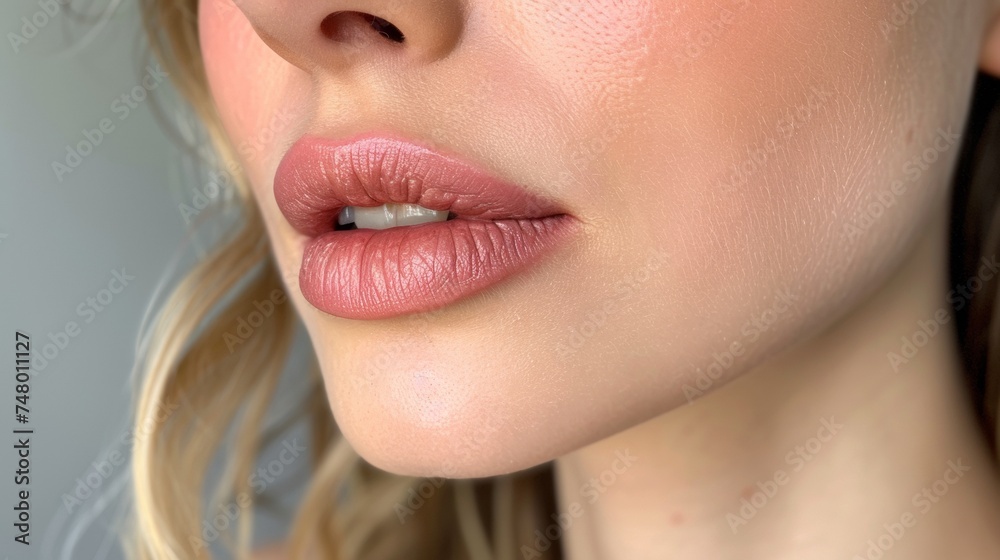 Fototapeta premium Close-up of beautiful lips with light pink lipstick