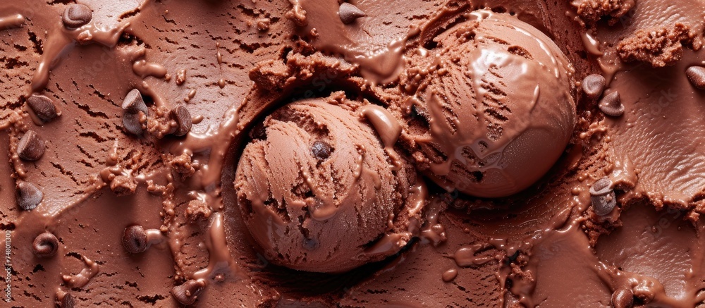 This close-up shot showcases a luscious scoop of chocolate ice cream, highlighting its creamy texture and rich flavor.