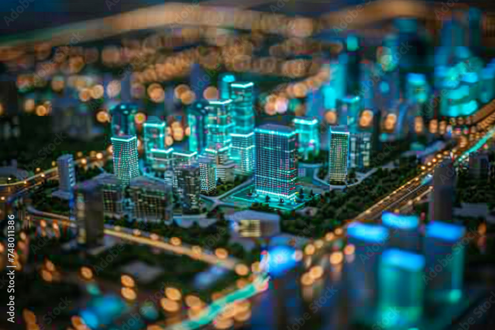 A model of a city at night with lots of lights on the buildings .