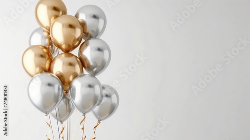 Silver and Golden balloons with ribbons on white background. 