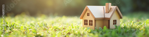 Banner, concept design for real estate agency, purchasing a plot of land and building a house. Miniature wooden model of a house standing in green grass on the blurred background.
