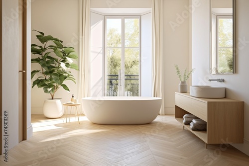 Elegant bathroom with white walls, basin, oval mirror, bathtub, shower, plants, parquet floor © Daria