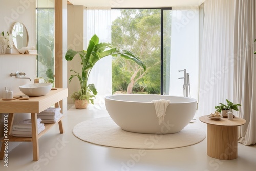Luxurious bathroom with white and beige walls, oval mirror, bathtub, shower, plants, parquet floor