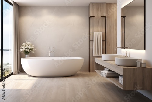 Elegant bathroom with white and beige walls  basin  oval mirror  bathtub  shower  plants  parquet floor