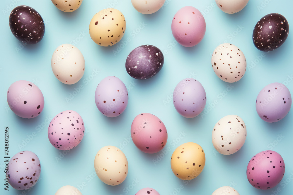 Decorative quail eggs on blue pastel background. Easter creative concept. Top view. Flat lay