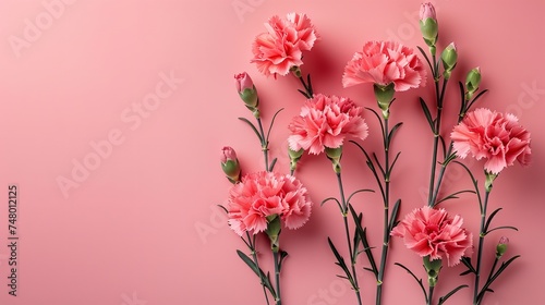 Top view of fresh spring carnation flower bouquet on a pink surface with a big space for text or product backdrop, Generative AI.