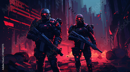Futuristic conflict abstract pixelated soldiers.