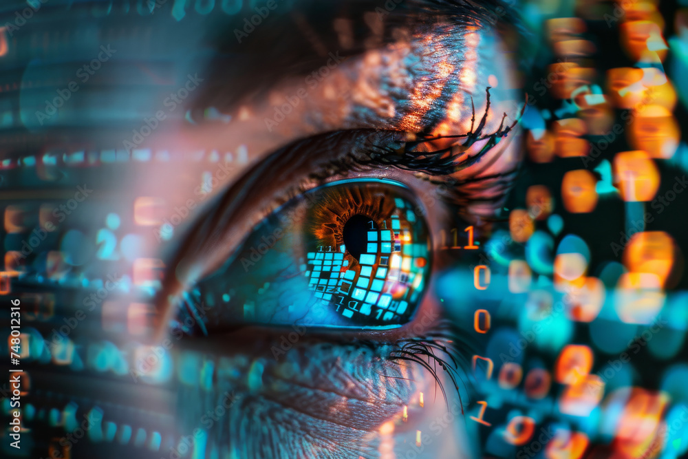 A close up of a woman 's eye with binary numbers reflected in it A close up of a woman 's eye with binary numbers reflected in it
