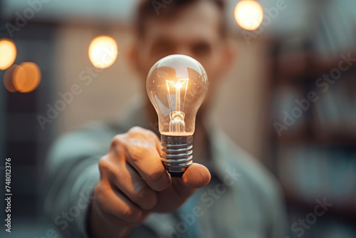 Inspiring person holding a light bulb idea - Person holding a light bulb close to the camera, symbolizing inspiration, innovation, and creative ideas
