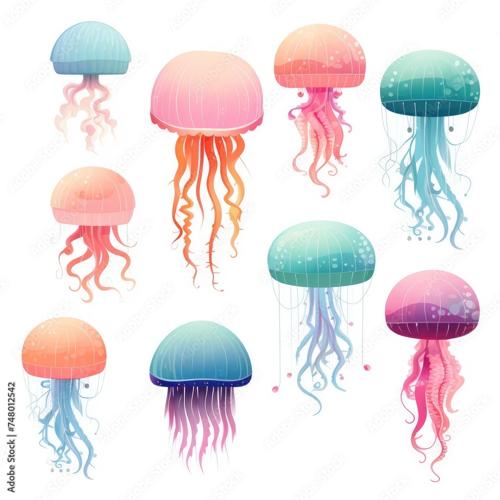 Fototapeta premium Set of jellyfish on a white background