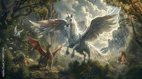 Majestic unicorn greeting a dragon in forest - A fantastical scene with a majestic winged unicorn meeting a friendly dragon amidst a lush, enchanted forest landscape with magical creatures