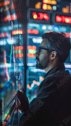 Man analyzing data on multiple screens - Man in business suit interacts with futuristic transparent screens showing data analysis graphs and stats