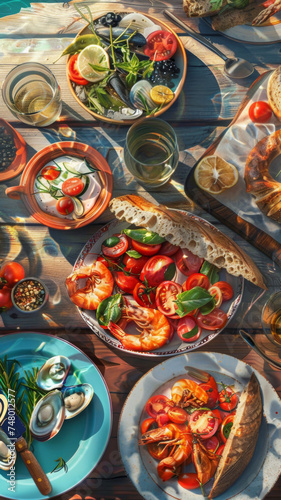 Mediterranean seafood feast on a sunny table - An abundant display of Mediterranean cuisine featuring fresh seafood  fruits  and salad spread on a rustic wooden table bathed in warm sunlight
