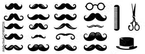 Set of hand drawn old fashion mustaches. Black contour artistic drawing. Actual hipster vector. Male barber shop illustration