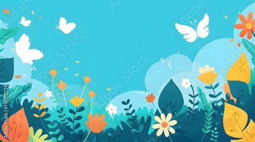 Vibrant Nature Scene: Butterflies, Blooming Flowers, and Lush Greenery Under Clear Blue Sky