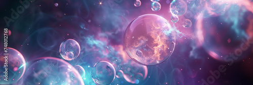 Mystical cosmic bubbles in vibrant hues - Ethereal scene showcasing translucent cosmic bubbles floating amidst a nebulae-like backdrop with vibrant blue and purple hues