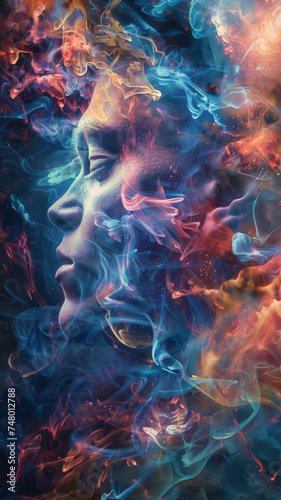 Mystical digital artwork of human profile - Mesmerizing digital artwork showcasing a human profile enveloped in a dance of brilliant colors and dreamlike swirls
