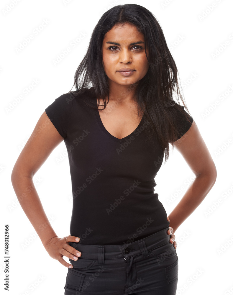 Serious, portrait and woman with confidence in studio, white background and mock up space. Casual, fashion and person with cool outfit or trendy style for university or college with moody attitude Serious, portrait and woman with confidence in studio, white background and mock up space. Casual, fashion and person with cool outfit or trendy style for university or college with moody attitude