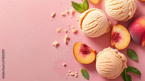 Top view of sweet home made peach ice cream on a pink backdrop with a big space for text or product, Generative AI. photo
