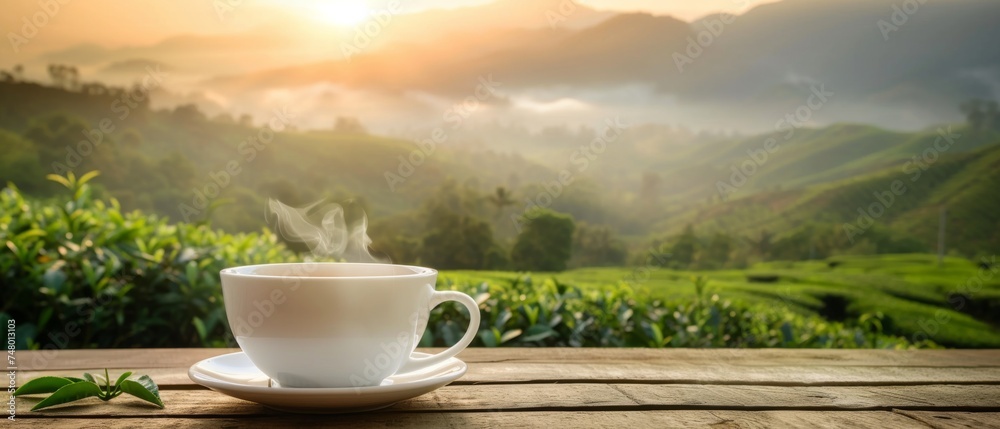 Steaming tea with Sunrise over Tea Plantation, A serene scene with a steaming tea placed on a wooden surface, overlooking a misty tea plantation at sunrise. Steaming tea with Sunrise over Tea Plantation, A serene scene with a steaming tea placed on a wooden surface, overlooking a misty tea plantation at sunrise.