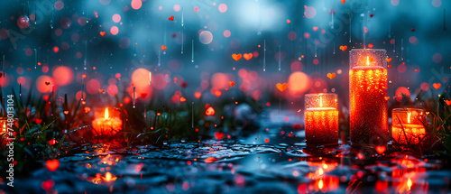 Rainy Night Scene with Wet Street Reflections, Blurred Lights Through Raindrops, Urban Rainfall Background, Abstract City View