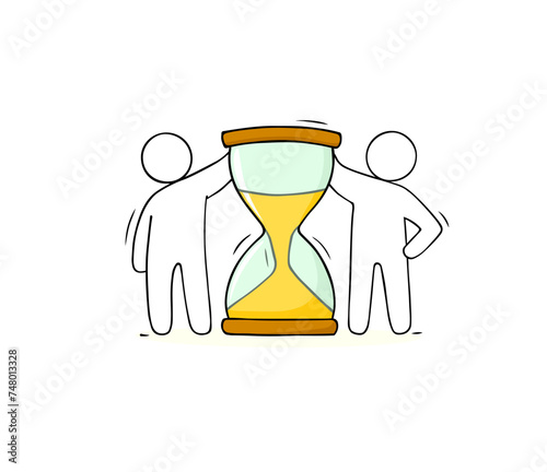 Teamwork concept with people holding hourglass.