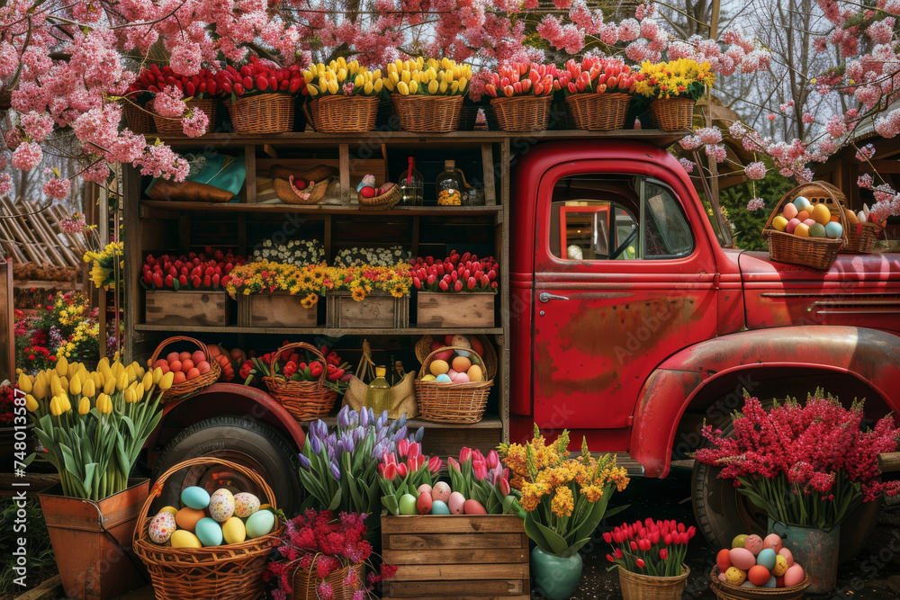 Vibrant red vintage truck adorned with colourful spring flowers and Easter eggs in bloom. This image is designed for use as a seasonal greeting card, advertisement, or a festive photograph background.