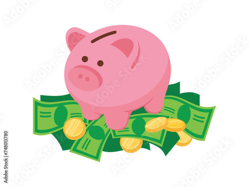 Pink saving piggy bank on a pile of money vector illustration. Cute piggy bank icon vector isolated on a white background. Saving money design element suitable for card, background, banner