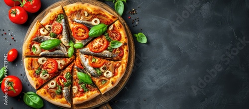 A top-down view of a homemade sardine pizza resting on a round wooden cutting board. The pizza is surrounded by a variety of fresh vegetables like tomatoes, bell peppers, and mushrooms, set against a