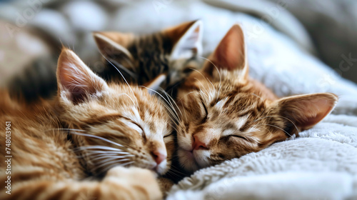 Kittens napping together on a blanket representing comfort, companionship, relaxation, and affection. © mr_marcom