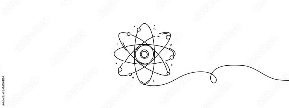 Atom as a symbol of science and various molecules around. World Science Day. One line drawing for different uses. Vector illustration.