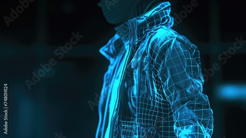 A hologram of a model wearing a jacket with embedded NFC technology allowing for contactless payments and easy access to events. photo
