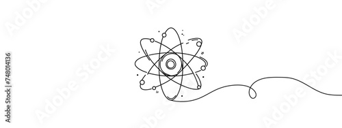 Atom as a symbol of science and various molecules around. World Science Day. One line drawing for different uses. Vector illustration.