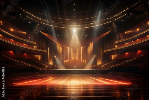 Empty concert stage with illuminated spotlights.  © Alexandr