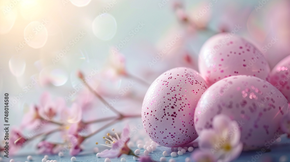 Easter eggs with spring flowers on a blue wooden background. Happy Easter.