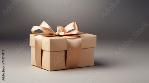 Gift box wrapped with craft paper and bow on neutral background.
