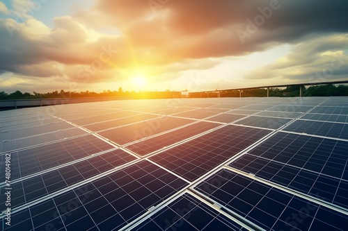 Solar panels renewable energy sunset. Generative ai