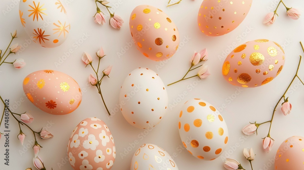 Hand painted Easter eggs on white background. Easter celebration concept.