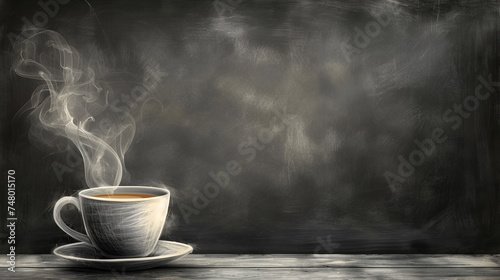 chalk texture illustration of hot coffee mug isolated on blackboard with copy space. generative ai