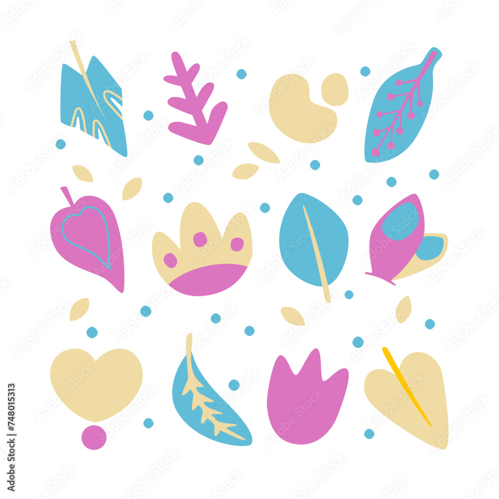 A set of abstract and floral elements. Simple flat illustration. Delicate color scheme. Vector isolated objects
