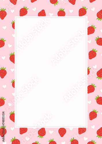 Strawberries and hearts pattern design frame template background.