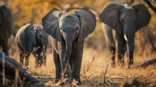 Baby African elephant under the protection of the adult