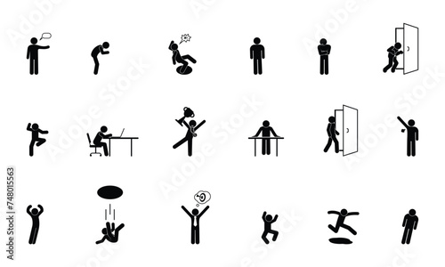 stick figure man icon, set of basic poses and gestures, human silhouettes, people isolated illustration