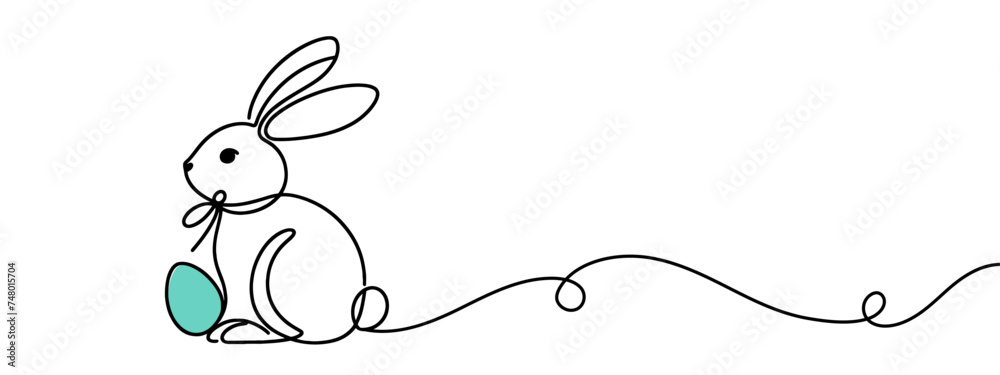 Fototapeta premium Continuous one line drawing of Easter Bunny. Cute rabbit silhouette with ears in simple minimalistic style for spring design greeting card and web banner. Editable stroke. Linear Vector illustration